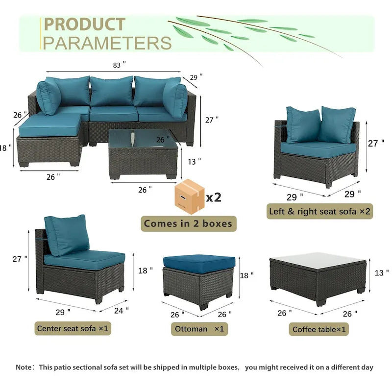 5-Piece Hand-Woven PE Wicker Outdoor Patio Sectional Sofa Set with Cushions and Coffee Table