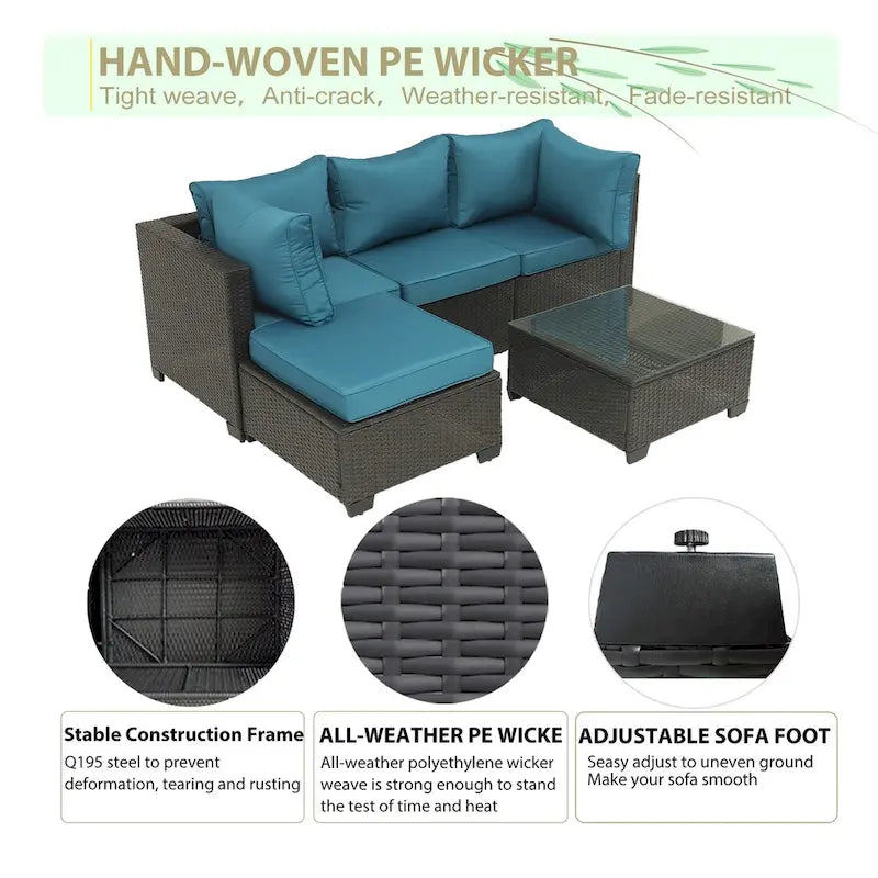 5-Piece Hand-Woven PE Wicker Outdoor Patio Sectional Sofa Set with Cushions and Coffee Table