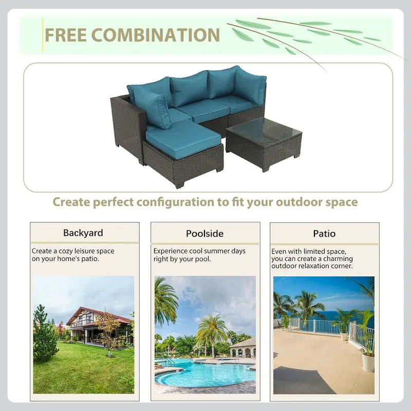 5-Piece Hand-Woven PE Wicker Outdoor Patio Sectional Sofa Set with Cushions and Coffee Table