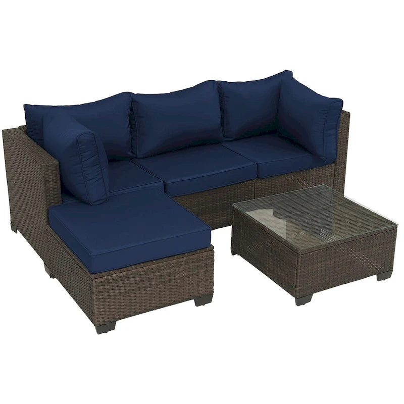 5-Piece Hand-Woven PE Wicker Outdoor Patio Sectional Sofa Set with Cushions and Coffee Table