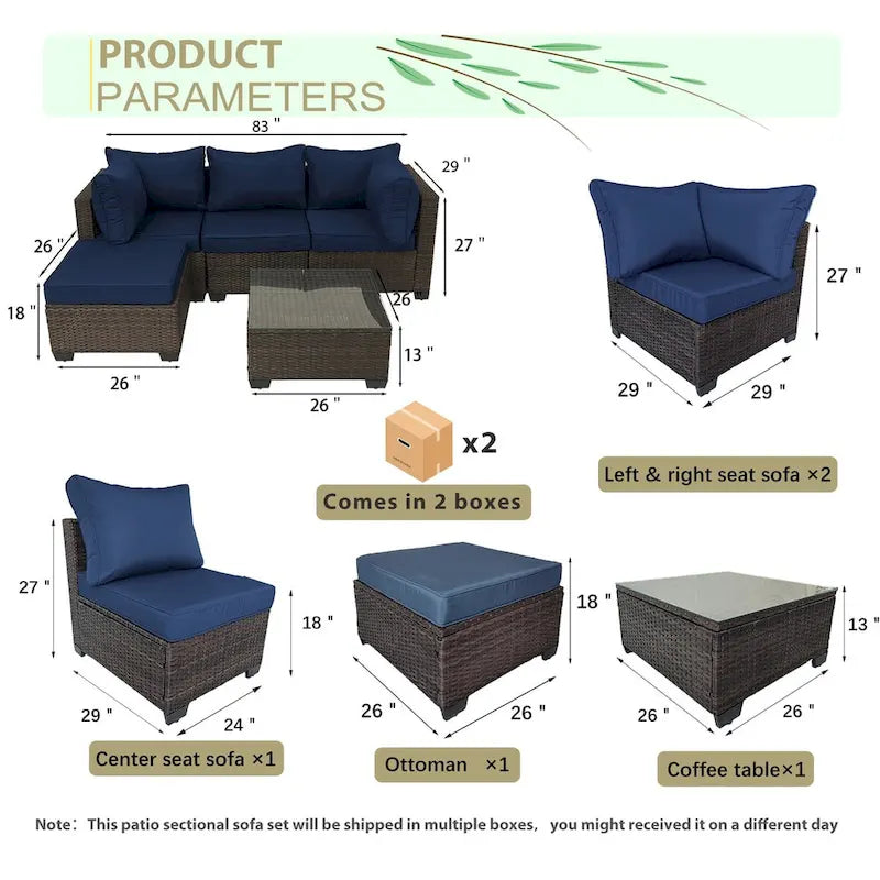 5-Piece Hand-Woven PE Wicker Outdoor Patio Sectional Sofa Set with Cushions and Coffee Table