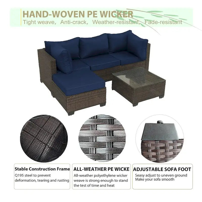 5-Piece Hand-Woven PE Wicker Outdoor Patio Sectional Sofa Set with Cushions and Coffee Table