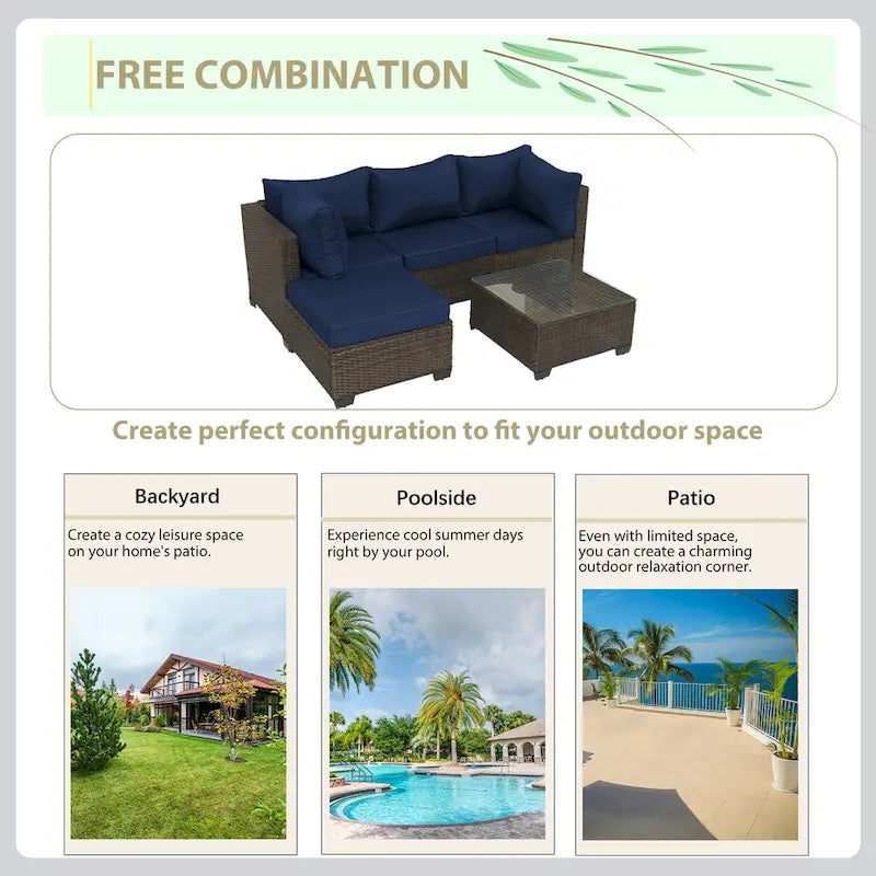 5-Piece Hand-Woven PE Wicker Outdoor Patio Sectional Sofa Set with Cushions and Coffee Table
