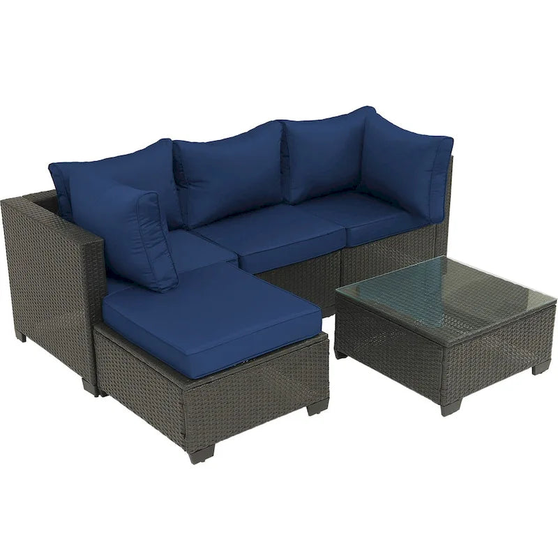 5-Piece Hand-Woven PE Wicker Outdoor Patio Sectional Sofa Set with Cushions and Coffee Table