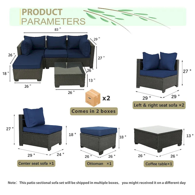 5-Piece Hand-Woven PE Wicker Outdoor Patio Sectional Sofa Set with Cushions and Coffee Table