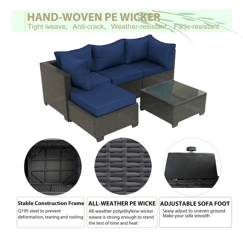 5-Piece Hand-Woven PE Wicker Outdoor Patio Sectional Sofa Set with Cushions and Coffee Table