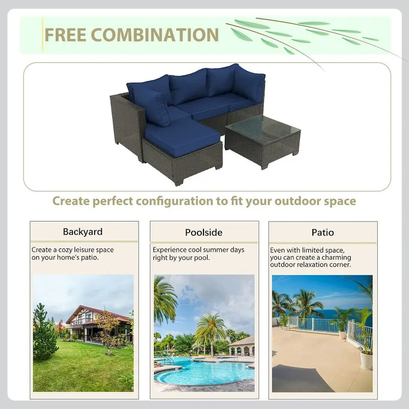 5-Piece Hand-Woven PE Wicker Outdoor Patio Sectional Sofa Set with Cushions and Coffee Table