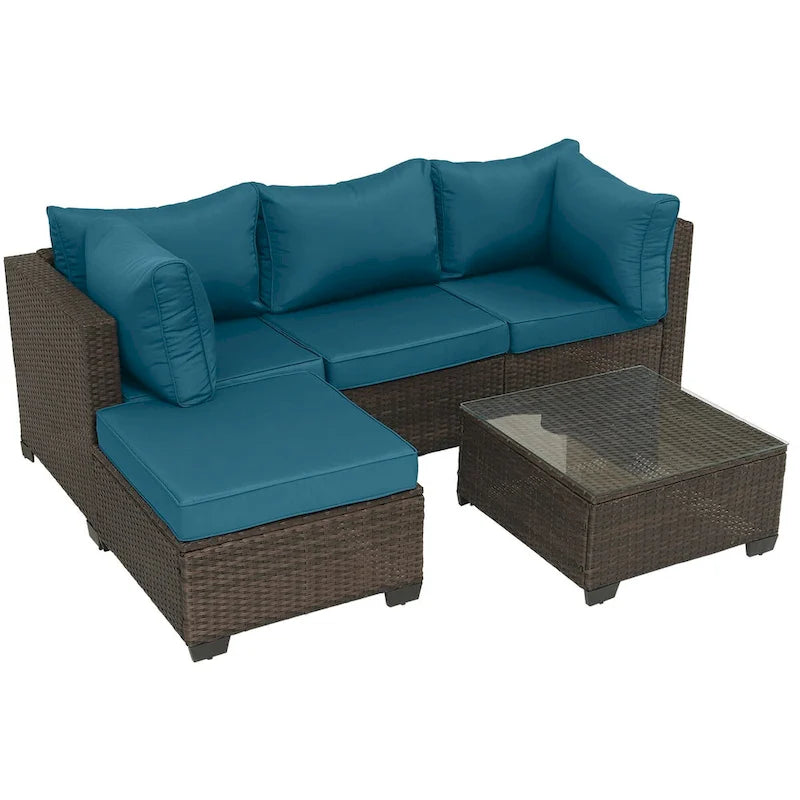 5-Piece Hand-Woven PE Wicker Outdoor Patio Sectional Sofa Set with Cushions and Coffee Table