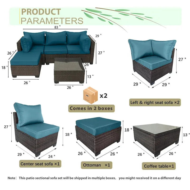 5-Piece Hand-Woven PE Wicker Outdoor Patio Sectional Sofa Set with Cushions and Coffee Table