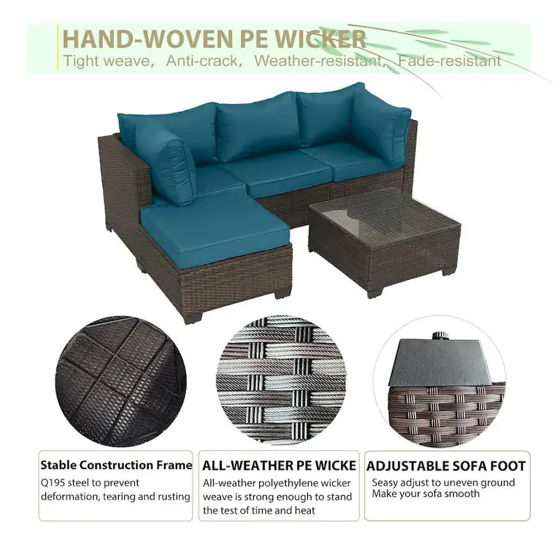 5-Piece Hand-Woven PE Wicker Outdoor Patio Sectional Sofa Set with Cushions and Coffee Table