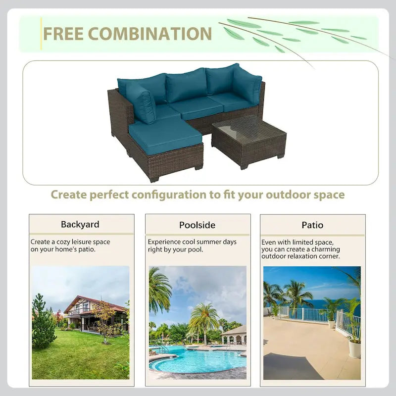 5-Piece Hand-Woven PE Wicker Outdoor Patio Sectional Sofa Set with Cushions and Coffee Table