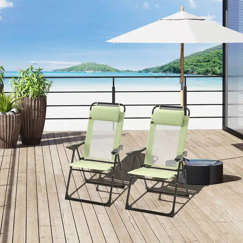 Folding Patio Chairs Set of 2, Outdoor Deck Chair with Adjustable Sling Back, Camping Chair with Removable Headrest for Garden