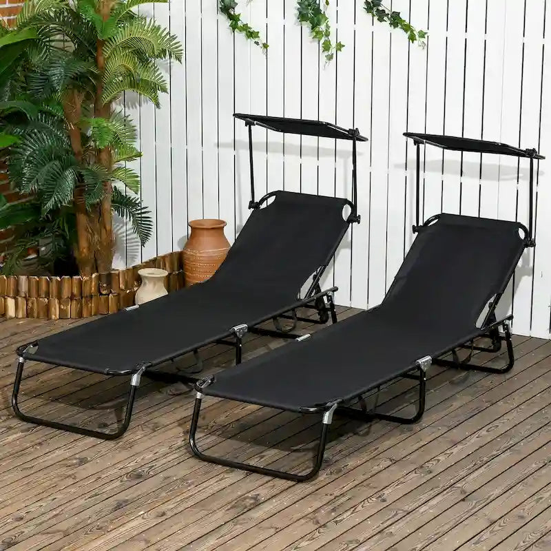 2-Piece Outdoor Folding Pool Lounge Chairs & Tanning Chairs with Canopy Shade, Reclining Back, Steel Frame and Side Pocket
