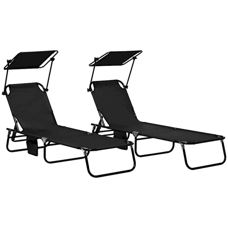 2-Piece Outdoor Folding Pool Lounge Chairs & Tanning Chairs with Canopy Shade, Reclining Back, Steel Frame and Side Pocket