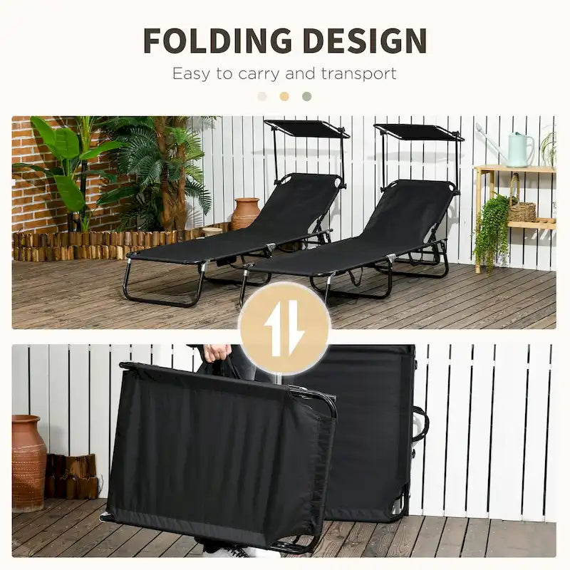 2-Piece Outdoor Folding Pool Lounge Chairs & Tanning Chairs with Canopy Shade, Reclining Back, Steel Frame and Side Pocket