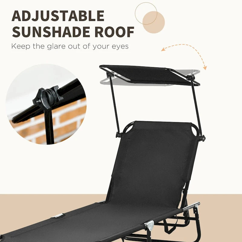 2-Piece Outdoor Folding Pool Lounge Chairs & Tanning Chairs with Canopy Shade, Reclining Back, Steel Frame and Side Pocket