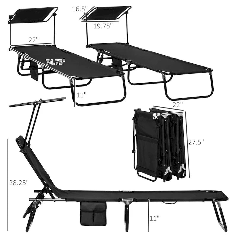 2-Piece Outdoor Folding Pool Lounge Chairs & Tanning Chairs with Canopy Shade, Reclining Back, Steel Frame and Side Pocket