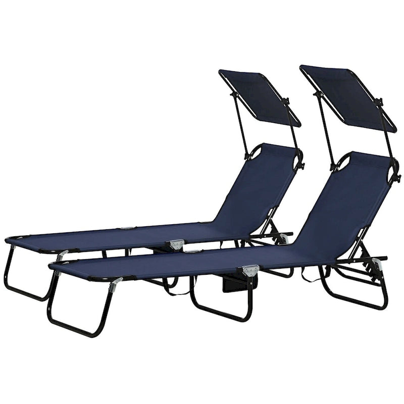 2-Piece Outdoor Folding Pool Lounge Chairs & Tanning Chairs with Canopy Shade, Reclining Back, Steel Frame and Side Pocket