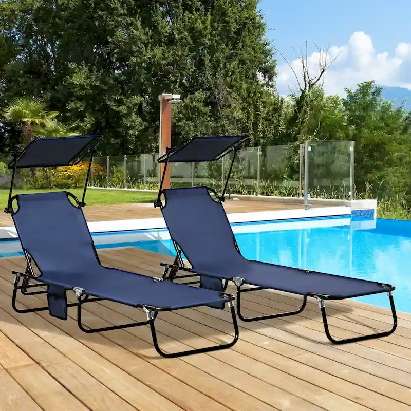 2-Piece Outdoor Folding Pool Lounge Chairs & Tanning Chairs with Canopy Shade, Reclining Back, Steel Frame and Side Pocket