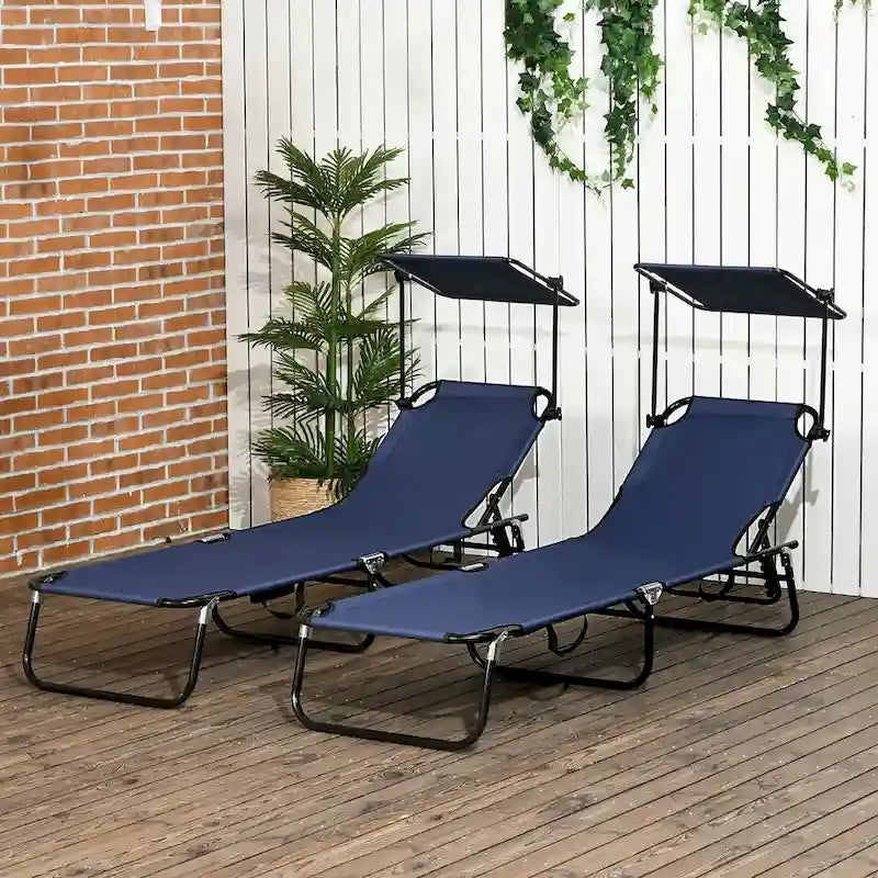 2-Piece Outdoor Folding Pool Lounge Chairs & Tanning Chairs with Canopy Shade, Reclining Back, Steel Frame and Side Pocket