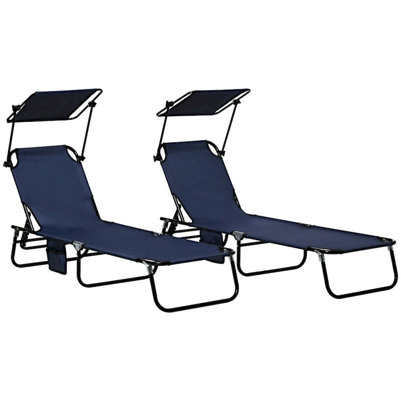 2-Piece Outdoor Folding Pool Lounge Chairs & Tanning Chairs with Canopy Shade, Reclining Back, Steel Frame and Side Pocket