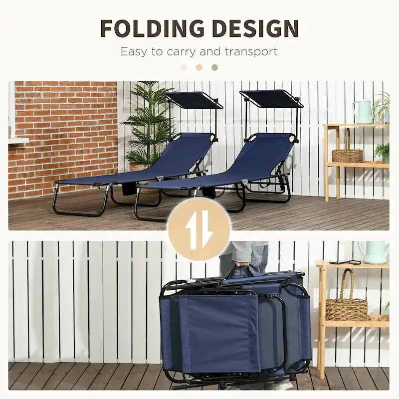 2-Piece Outdoor Folding Pool Lounge Chairs & Tanning Chairs with Canopy Shade, Reclining Back, Steel Frame and Side Pocket