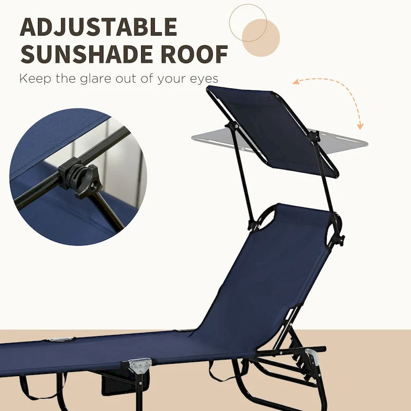 2-Piece Outdoor Folding Pool Lounge Chairs & Tanning Chairs with Canopy Shade, Reclining Back, Steel Frame and Side Pocket