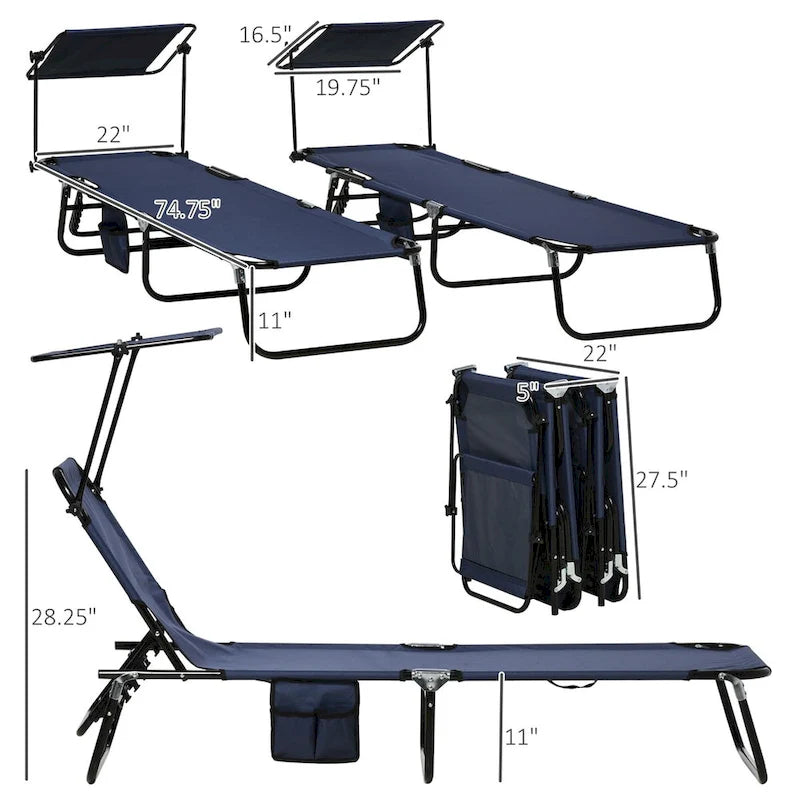 2-Piece Outdoor Folding Pool Lounge Chairs & Tanning Chairs with Canopy Shade, Reclining Back, Steel Frame and Side Pocket