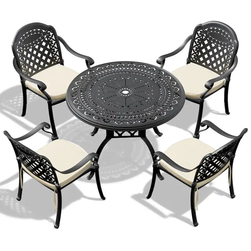 5-Pc Aluminum Patio Set , 5 x Armchairs with Cushions In Random Colors with 1 With Umbrella Hole Table