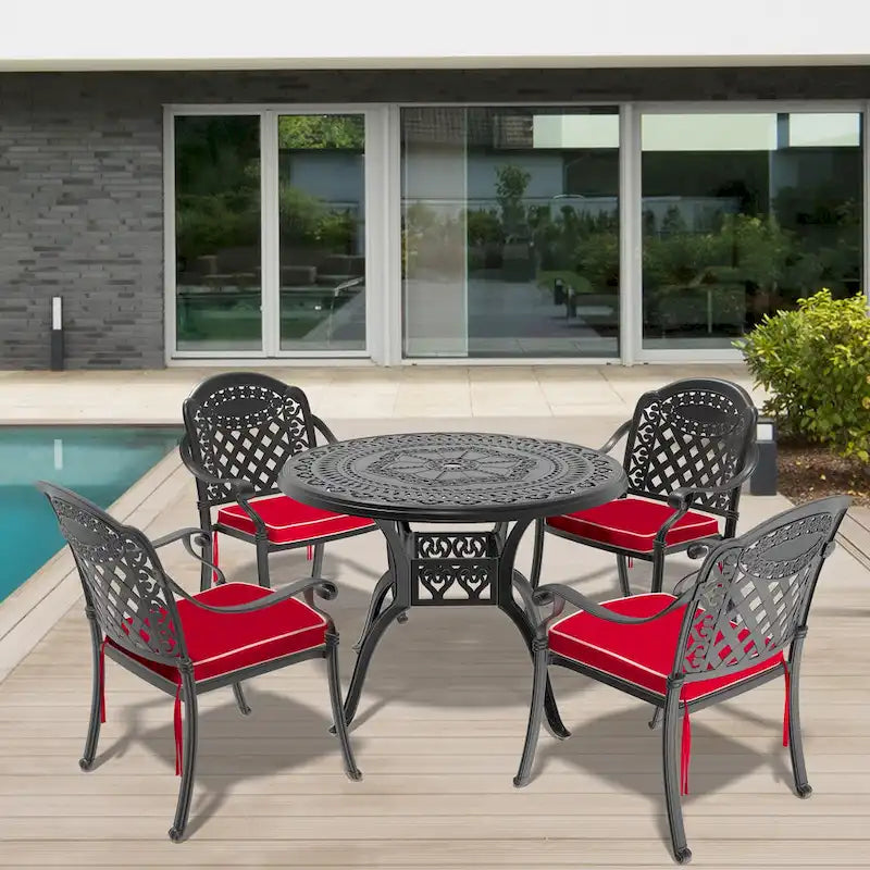 5-Pc Aluminum Patio Set , 5 x Armchairs with Cushions In Random Colors with 1 With Umbrella Hole Table