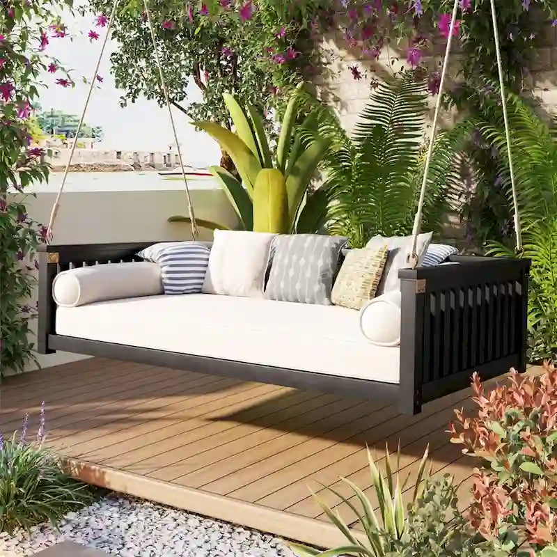Patio Minimalist Twin Size Garden Swing with Ropes, Safe Sloped Design