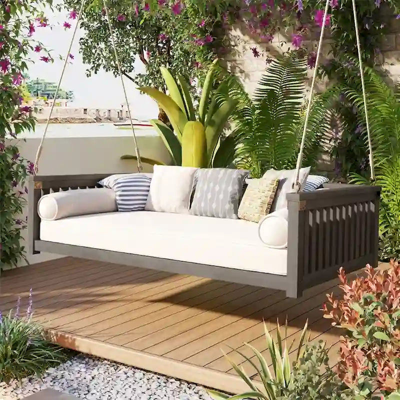 Patio Minimalist Twin Size Garden Swing with Ropes, Safe Sloped Design