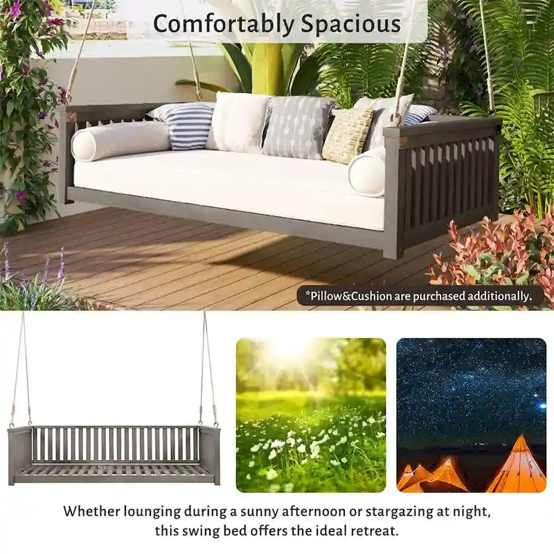 Patio Minimalist Twin Size Garden Swing with Ropes, Safe Sloped Design