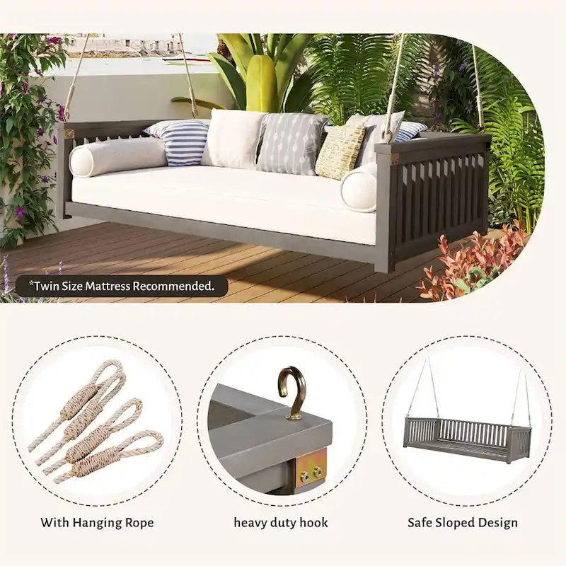 Patio Minimalist Twin Size Garden Swing with Ropes, Safe Sloped Design