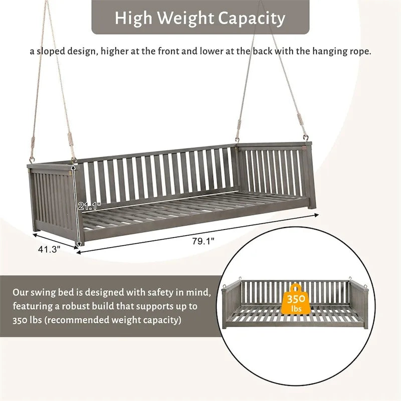Patio Minimalist Twin Size Garden Swing with Ropes, Safe Sloped Design