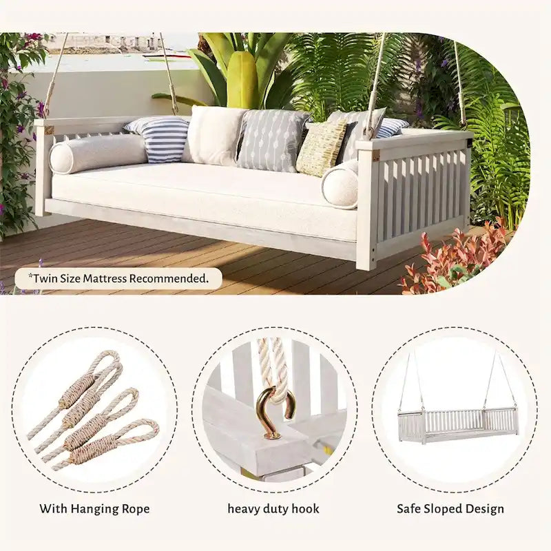 Patio Minimalist Twin Size Garden Swing with Ropes, Safe Sloped Design