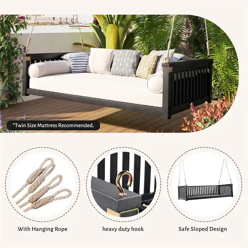 Patio Minimalist Twin Size Garden Swing with Ropes, Safe Sloped Design