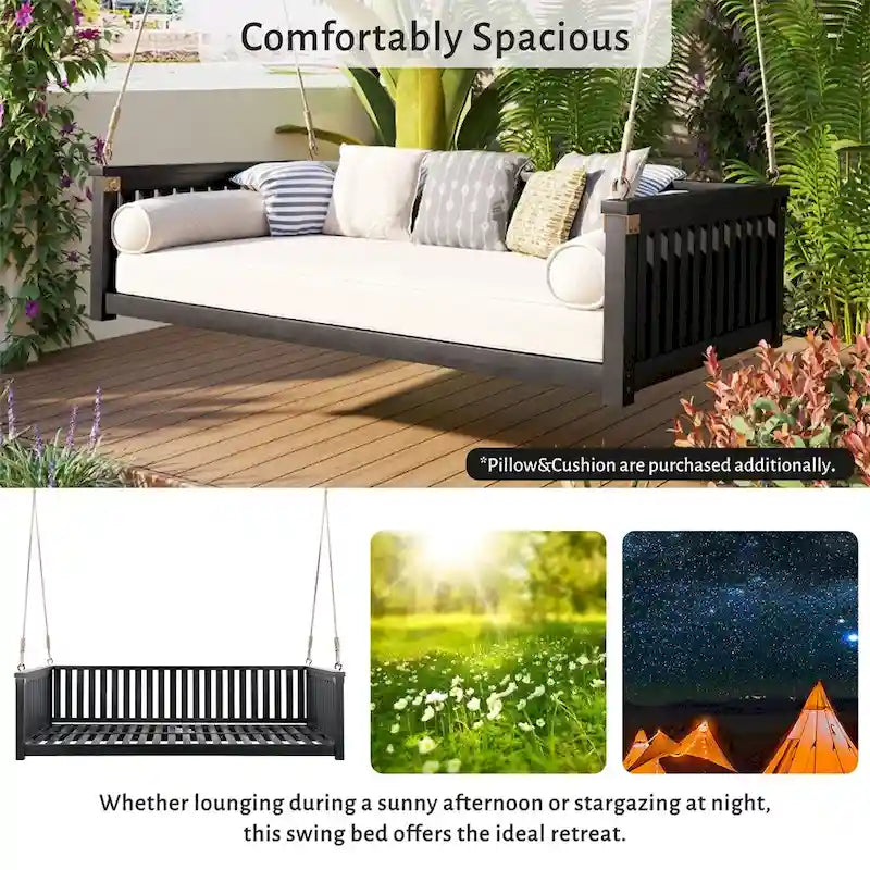 Patio Minimalist Twin Size Garden Swing with Ropes, Safe Sloped Design