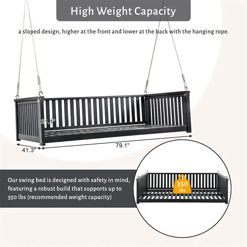 Patio Minimalist Twin Size Garden Swing with Ropes, Safe Sloped Design