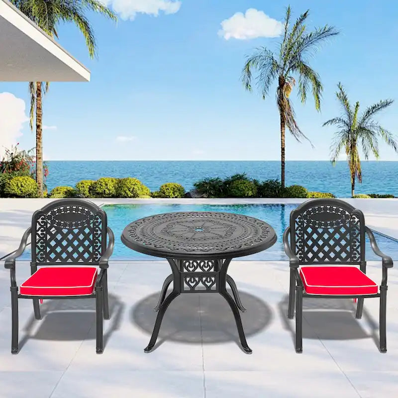 3/5-Piece Cast Aluminum Outdoor Dining Set with 39.37 in. Round Table and Random Color Seat Cushions