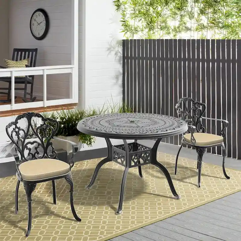 3/5-Piece Cast Aluminum Outdoor Dining Set with 39.37 in. Round Table and Random Color Seat Cushions