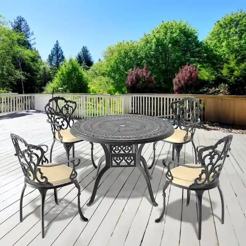 3/5-Piece Cast Aluminum Outdoor Dining Set with 39.37 in. Round Table and Random Color Seat Cushions