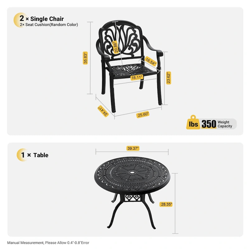 3/5-Piece Cast Aluminum Outdoor Dining Set with 39.37 in. Round Table and Random Color Seat Cushions