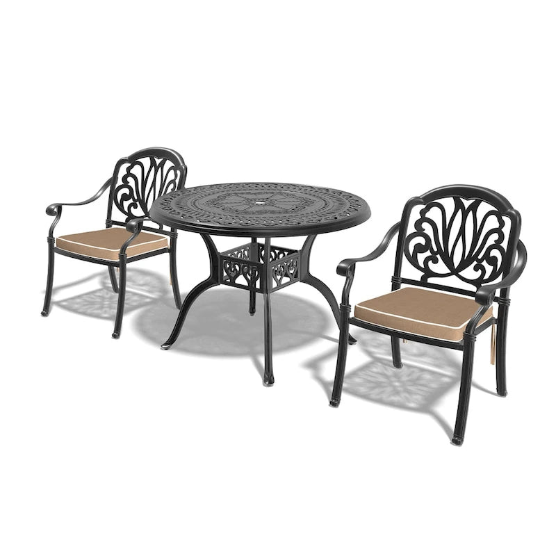3/5-Piece Cast Aluminum Outdoor Dining Set with 39.37 in. Round Table and Random Color Seat Cushions