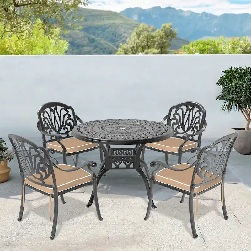 3/5-Piece Cast Aluminum Outdoor Dining Set with 39.37 in. Round Table and Random Color Seat Cushions