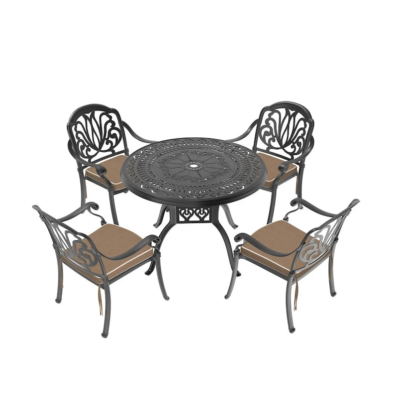 3/5-Piece Cast Aluminum Outdoor Dining Set with 39.37 in. Round Table and Random Color Seat Cushions