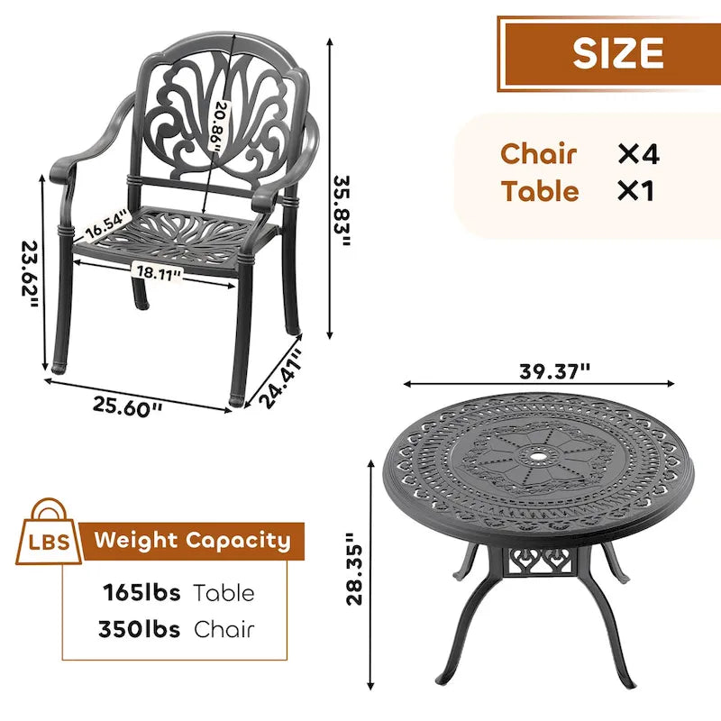 3/5-Piece Cast Aluminum Outdoor Dining Set with 39.37 in. Round Table and Random Color Seat Cushions