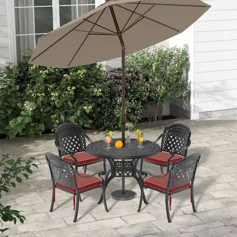 3/5-Piece Cast Aluminum Outdoor Dining Set with 39.37 in. Round Table and Random Color Seat Cushions
