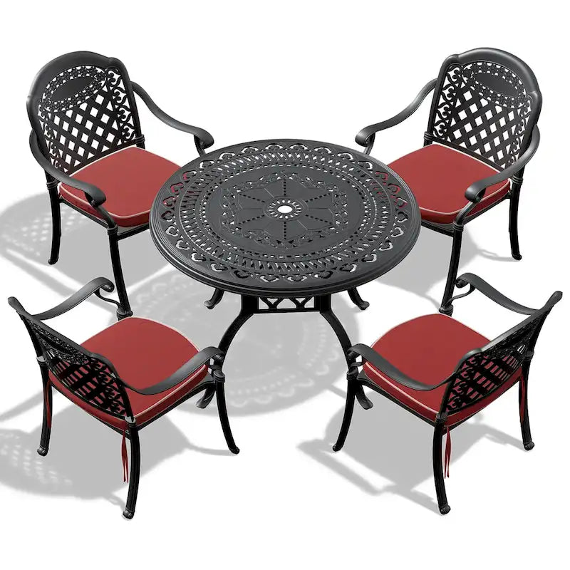 3/5-Piece Cast Aluminum Outdoor Dining Set with 39.37 in. Round Table and Random Color Seat Cushions