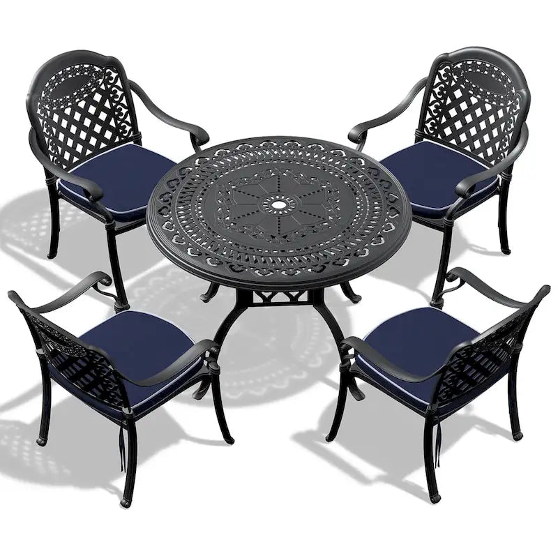 3/5-Piece Cast Aluminum Outdoor Dining Set with 39.37 in. Round Table and Random Color Seat Cushions